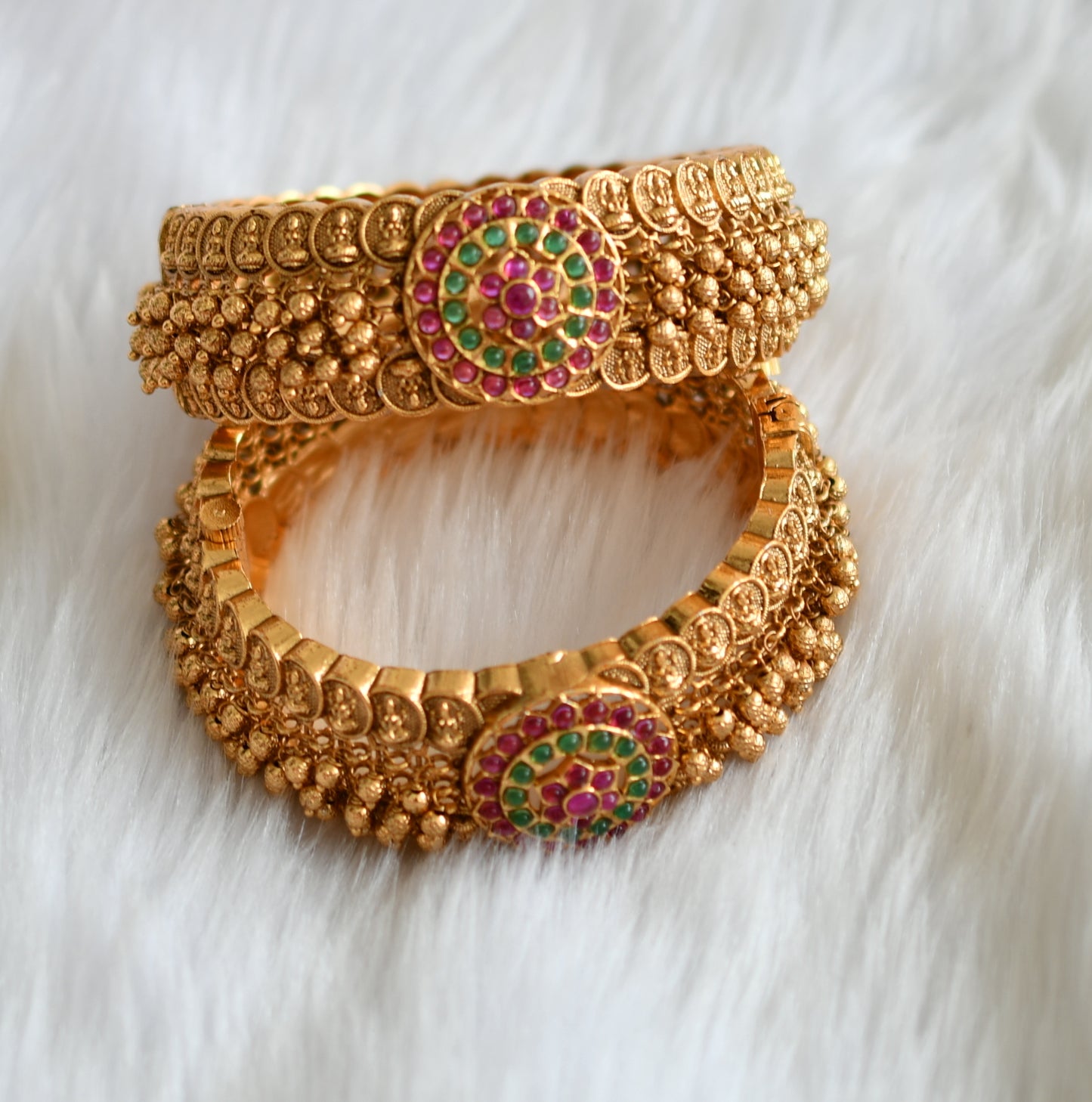 Matte finish cluster kemp-green Lakshmi coin type screw bangles (2.4) dj-39525