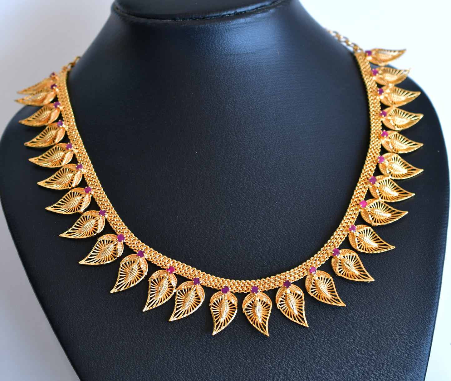 Gold tone pink stone mango Kerala designer necklace dj-34907