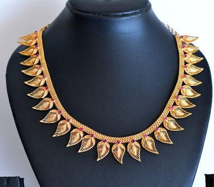 Gold tone pink stone mango Kerala designer necklace dj-34907