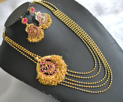 Gold tone multilayer ruby peacock mugappu haar set dj-02002