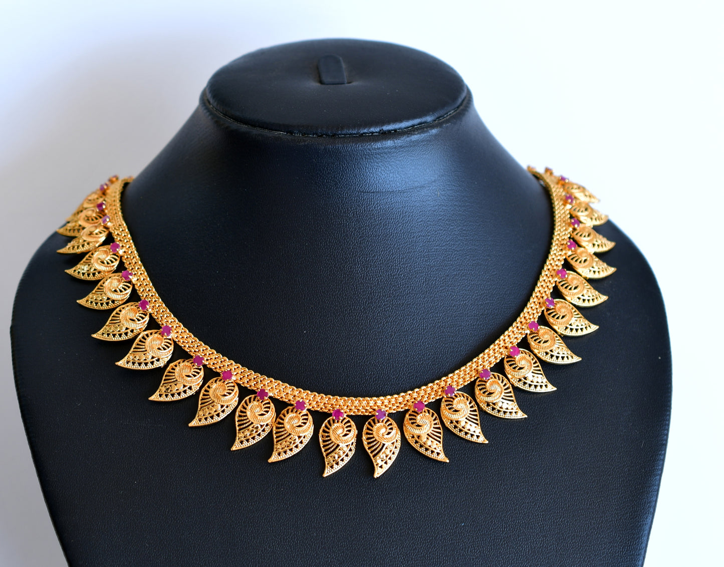 Gold tone pink stone mango Kerala designer necklace dj-34908