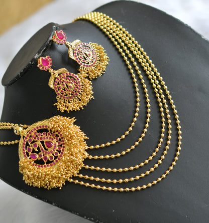 Gold tone multilayer ruby peacock mugappu haar set dj-02002