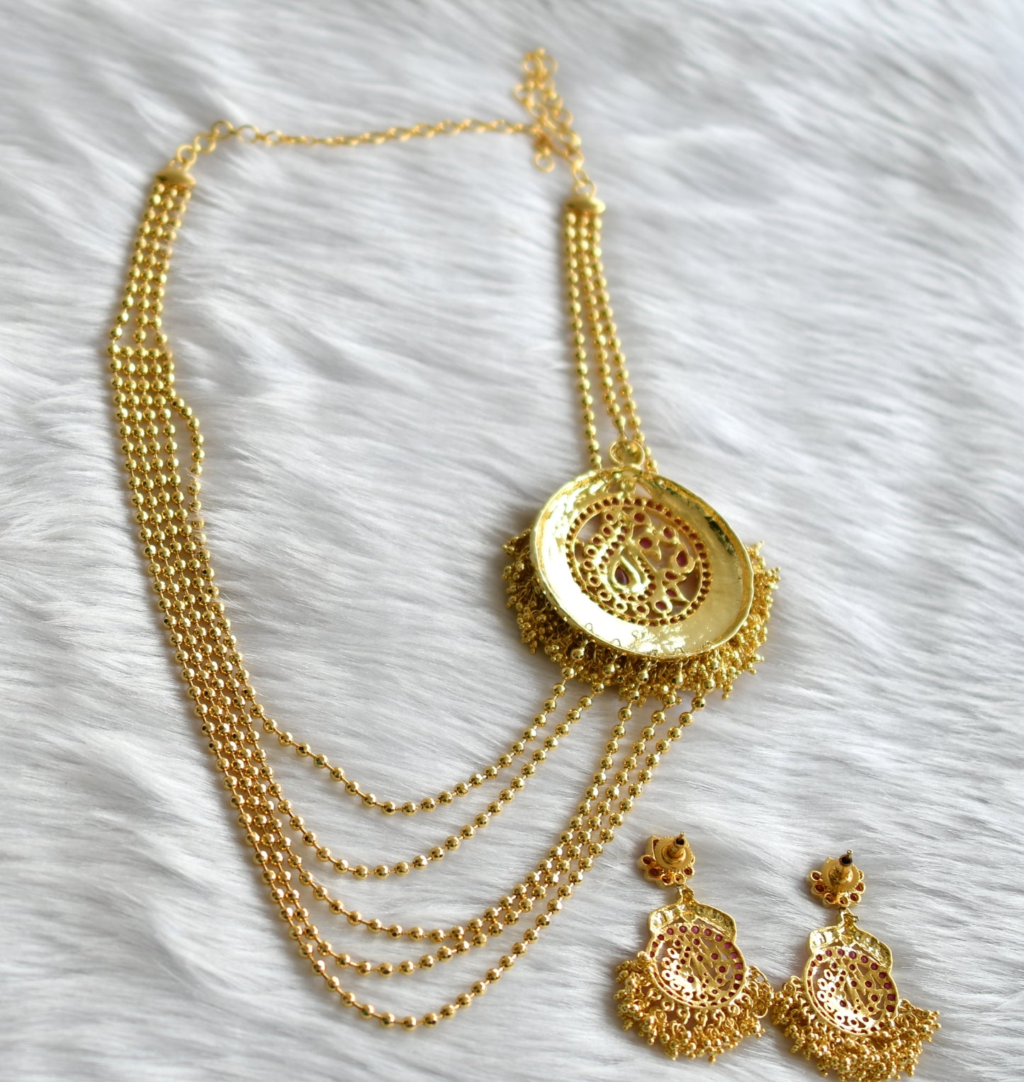 Gold tone multilayer ruby peacock mugappu haar set dj-02002