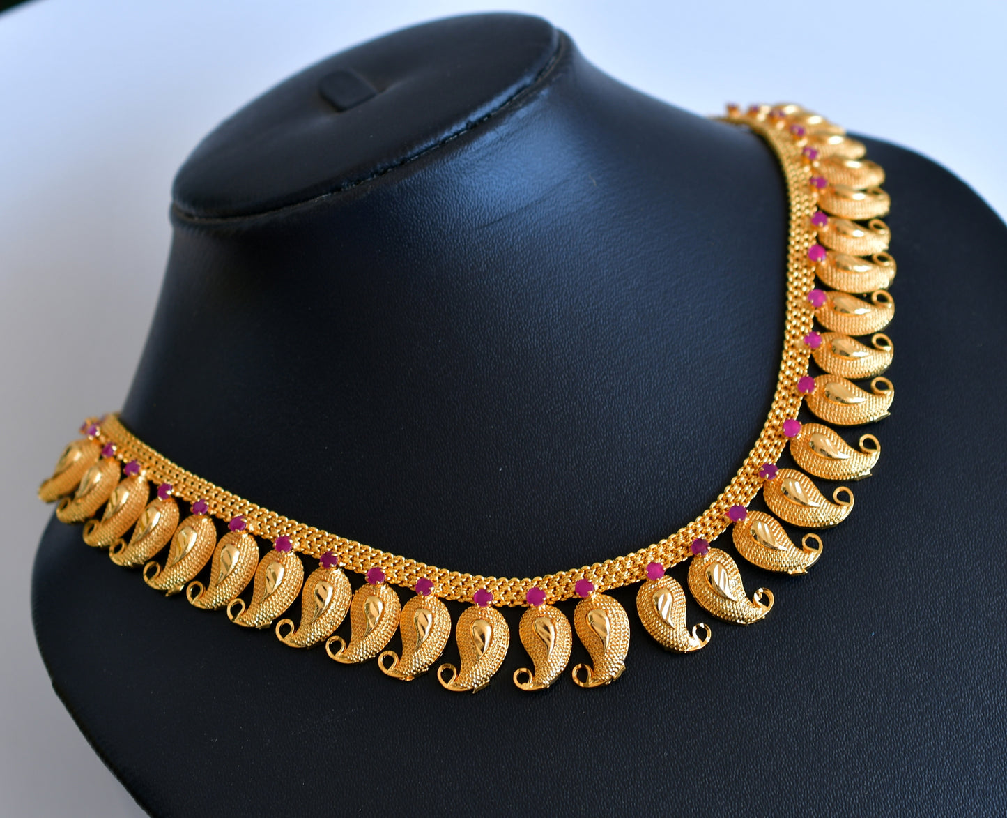 Gold tone pink stone mango Kerala designer necklace dj-34909