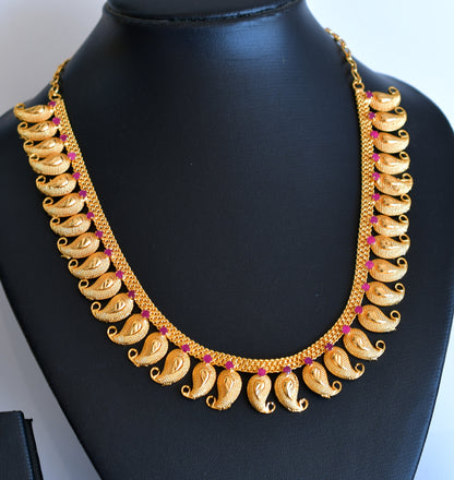 Gold tone pink stone mango Kerala designer necklace dj-34909