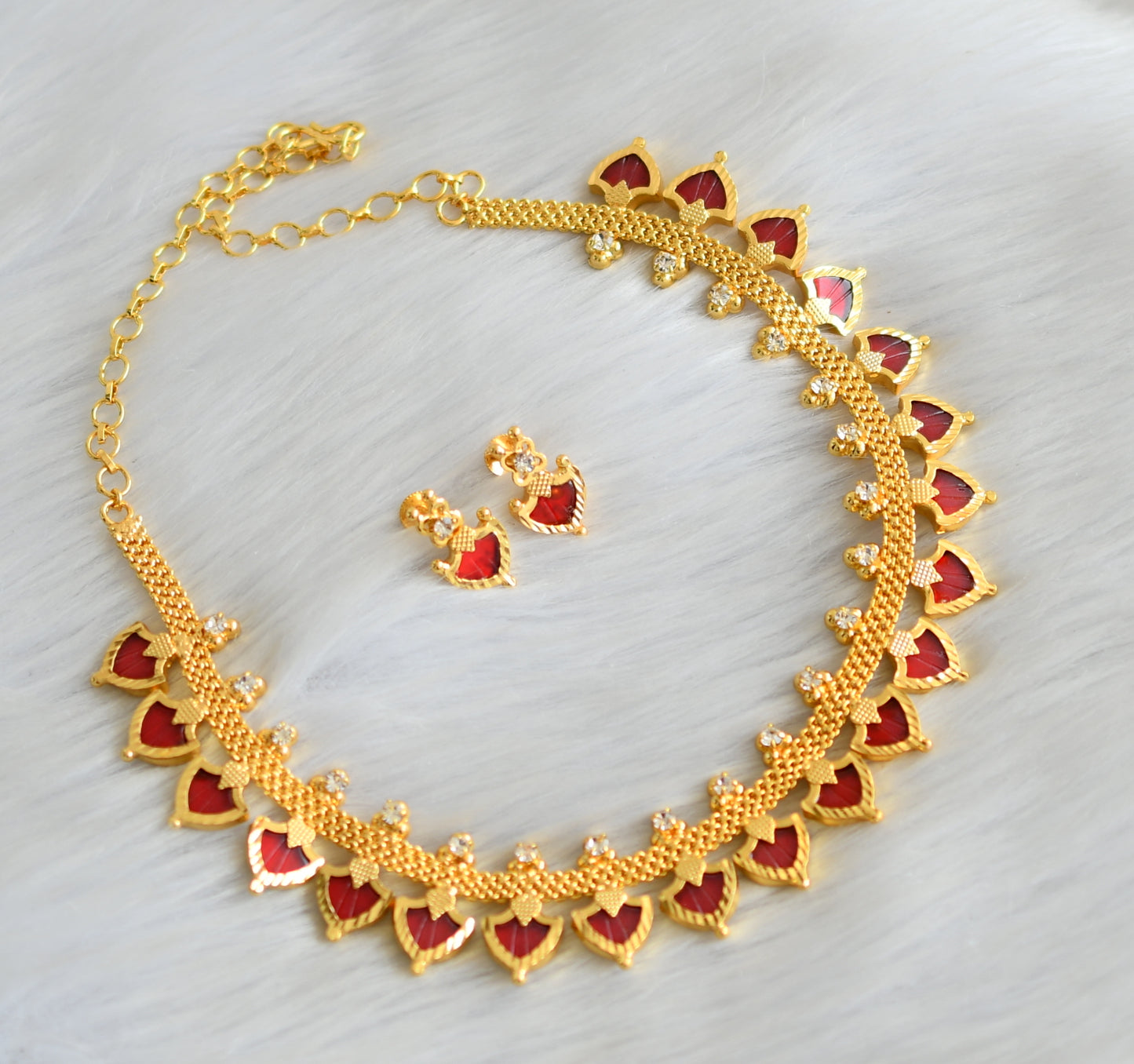 Gold tone red Palakka Kerala style necklace set dj-37491