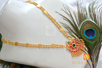 Gold tone real kemp-green peacock pendant Lakshmi coin haar dj-38027