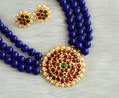 Gold tone blue beaded round pendant choker set dj-19414