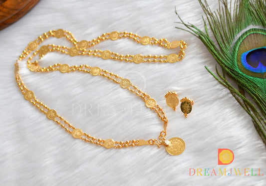 Gold tone Lakshmi coin pendant with chain and screw back earrings dj-38028