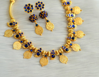 Gold tone blue mango lakshmi coin kemp necklace set dj-19418