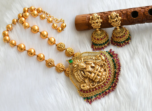Matte finish ruby-green Lakshmi pendant beaded haar set dj-32422