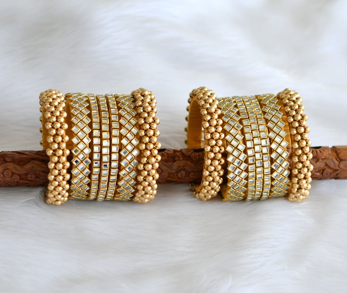 Gold tone silk thread white kundan set of 14 bangles (2.8) dj-40218