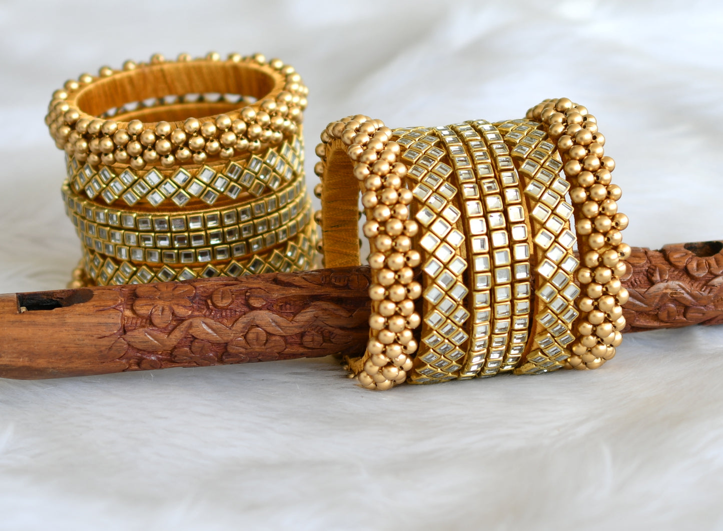 Gold tone silk thread white kundan set of 14 bangles (2.4) dj-40216