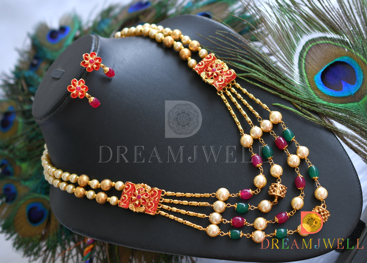 Gold tone green-red multi layer pearl beads haar set dj-38024