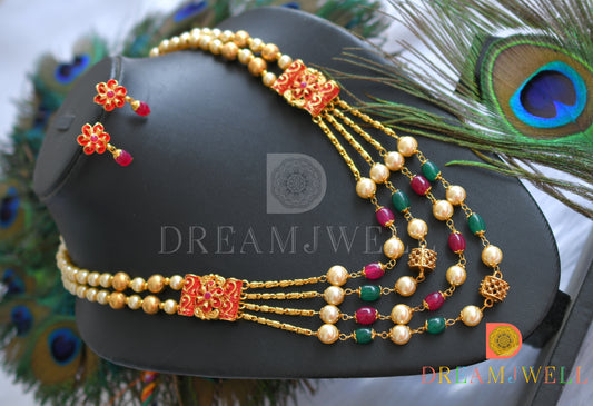 Gold tone green-red multi layer pearl beads haar set dj-38024
