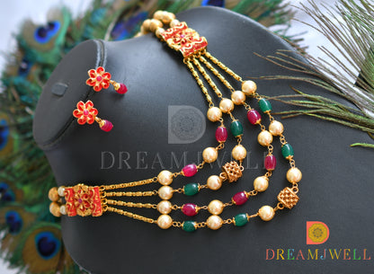 Gold tone green-red multi layer pearl beads haar set dj-38024