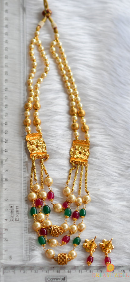 Gold tone green-red multi layer pearl beads haar set dj-38024