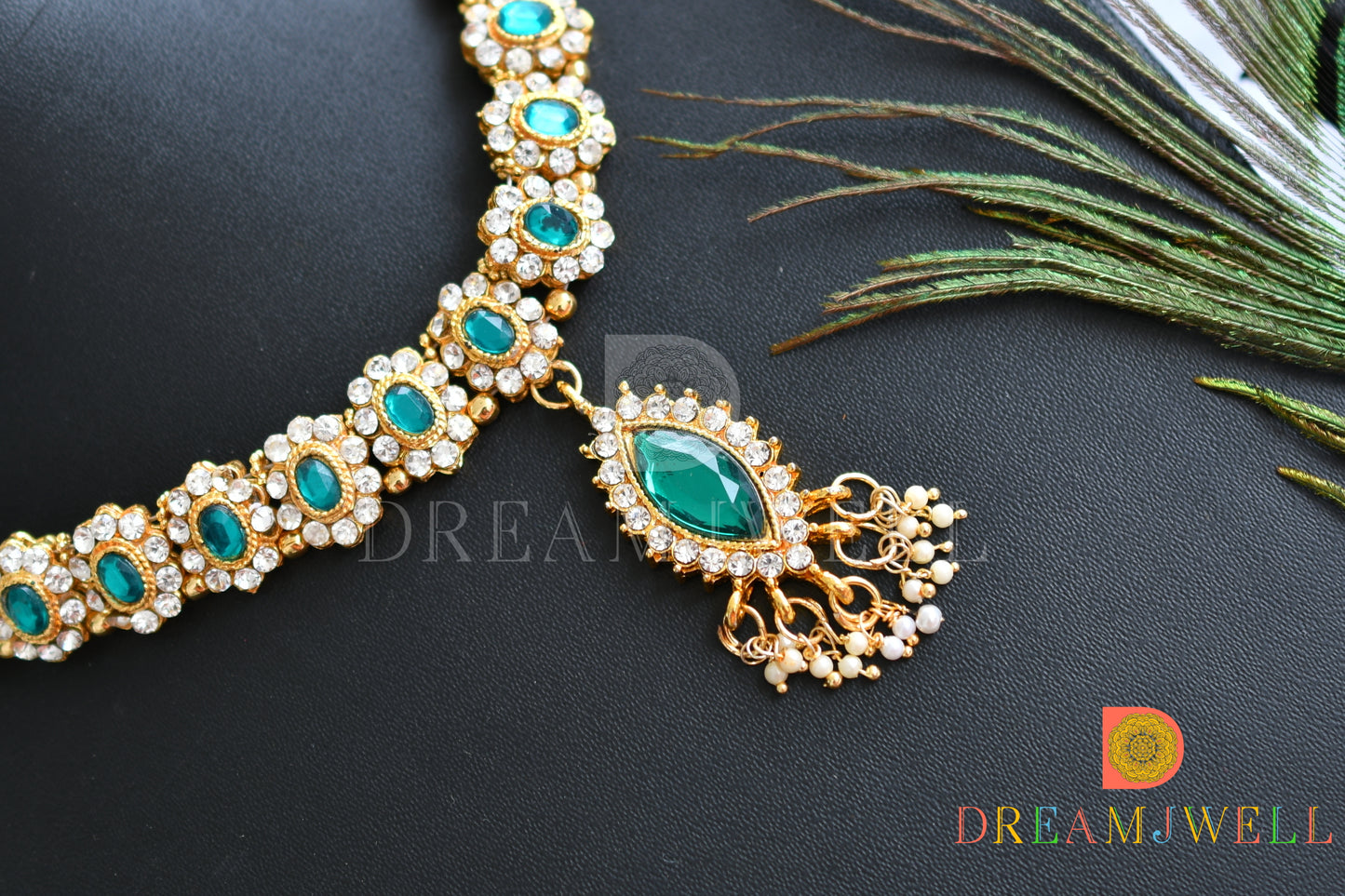 Antique peacock green-white stone necklace set dj-38023