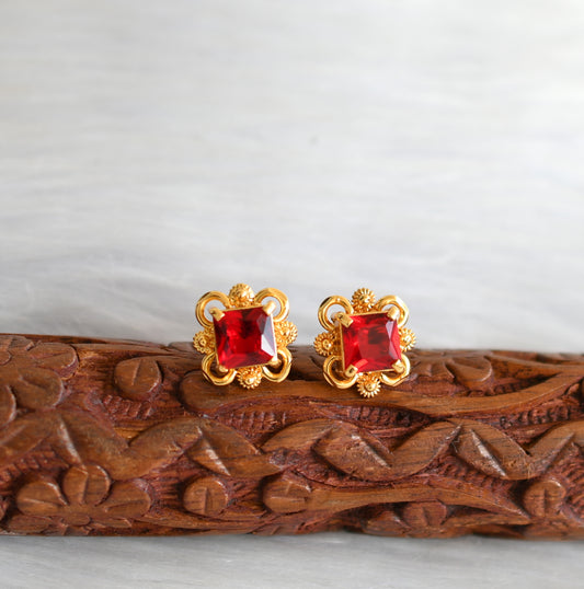 Gold tone block red stone stud/Earrings dj-40222