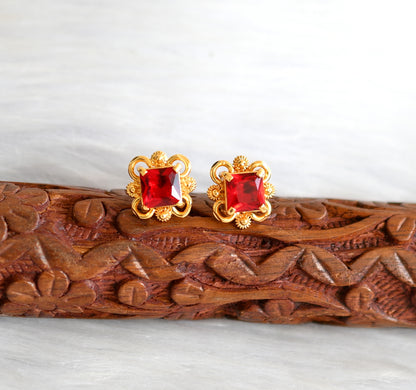 Gold tone block red stone stud/Earrings dj-40222