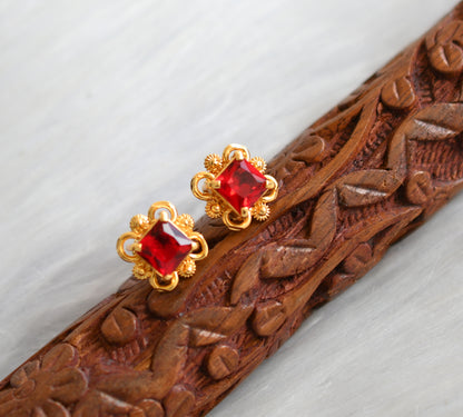 Gold tone block red stone stud/Earrings dj-40222