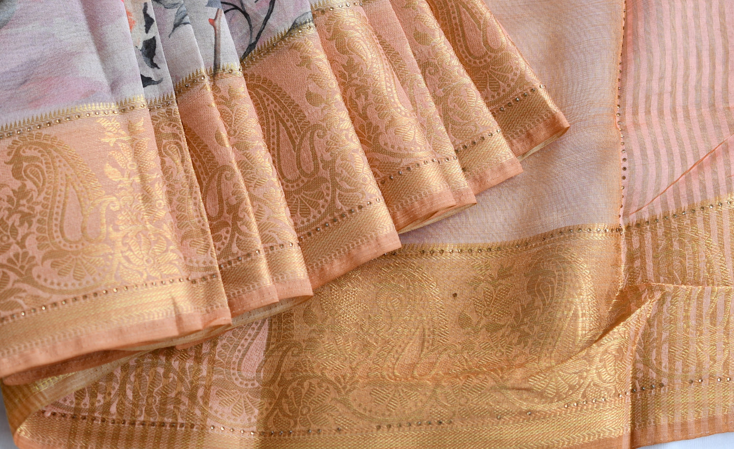 Mango-flower baby pink-orange Heavy Assam silk weaved saree with digital print saree dj-38828