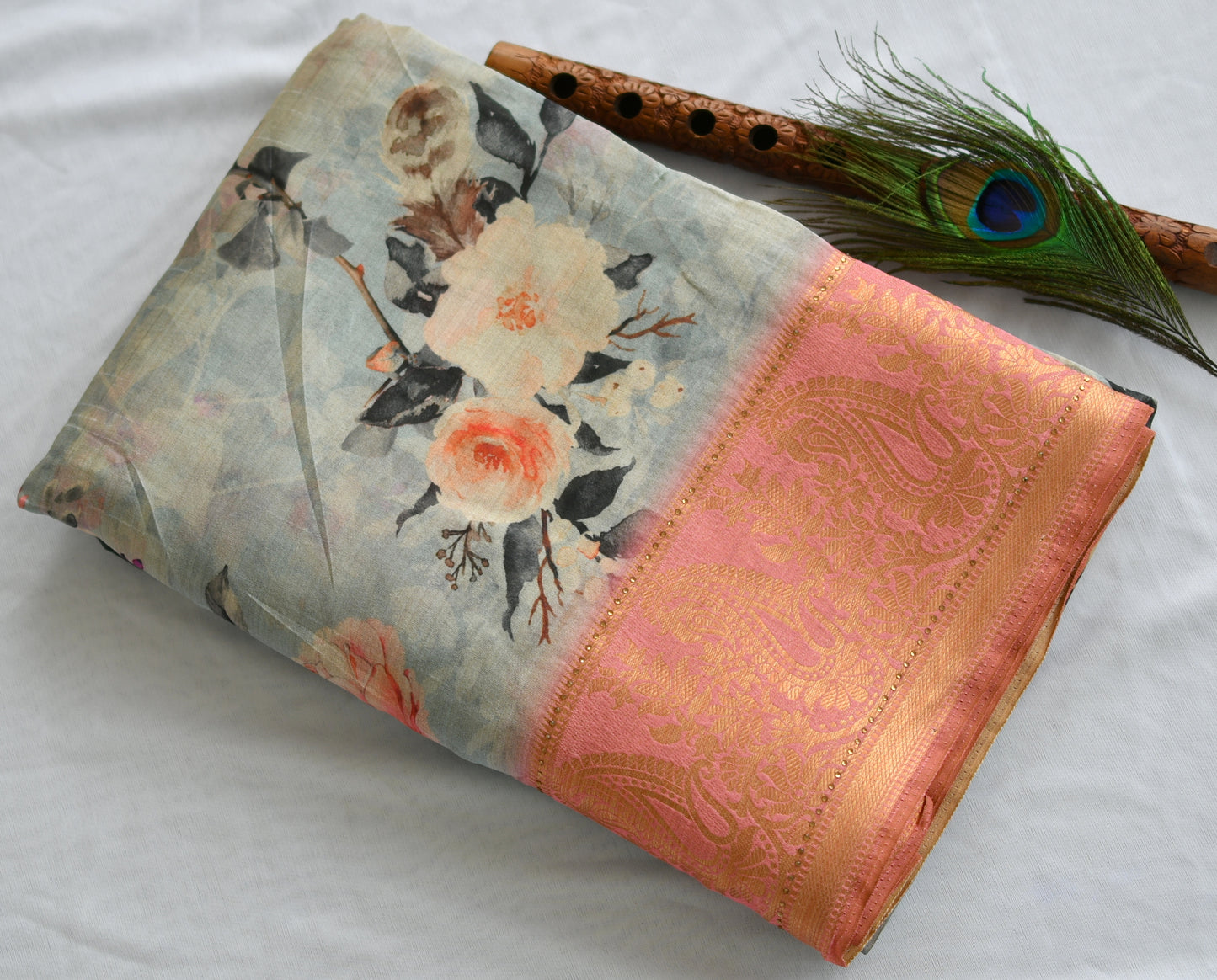 Mango-flower baby pink-grey Heavy Assam silk weaved saree with digital print saree dj-38829