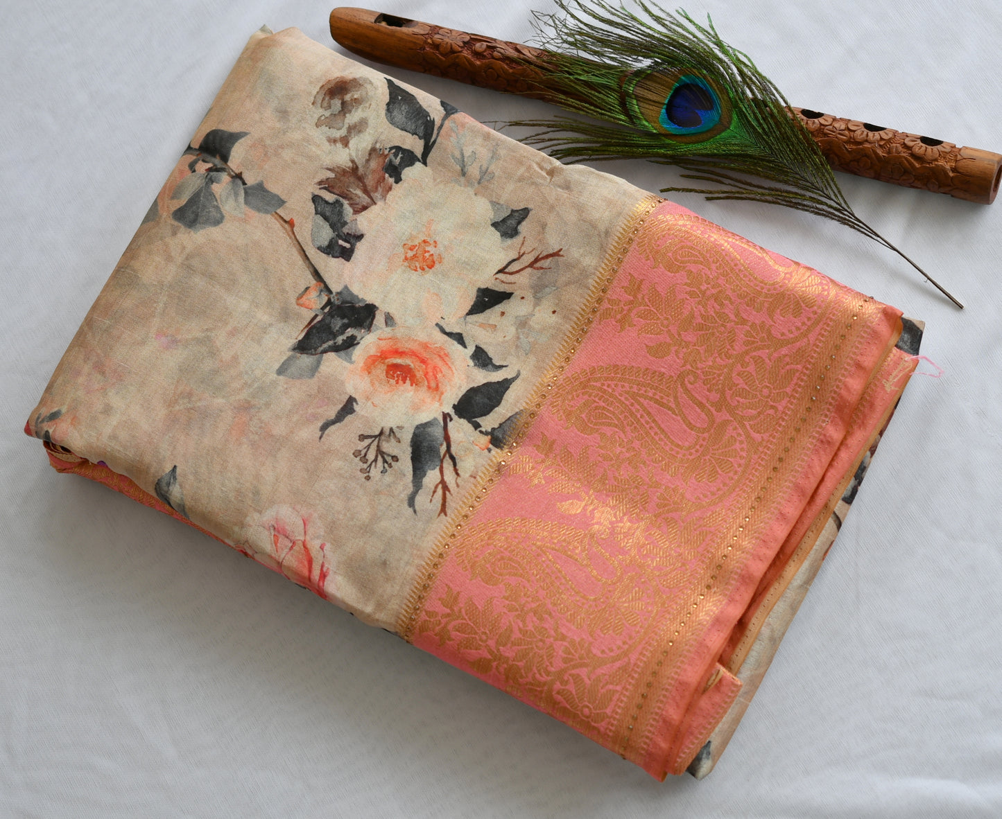 Mango-flower baby pink-cream Heavy Assam silk weaved saree with digital print saree dj-38830