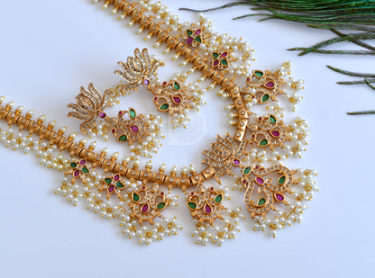 Matte finish Ruby-emerald-white Lotus Gutta pusalu Haar set dj-35763