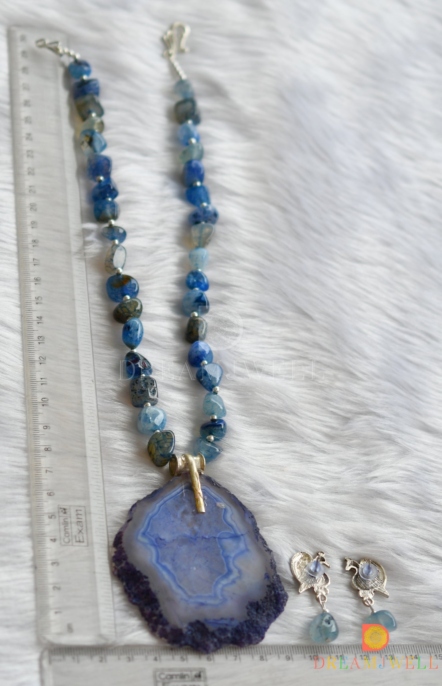 Silver tone sliced agate pendant with blue onyx beads necklace set dj-38009