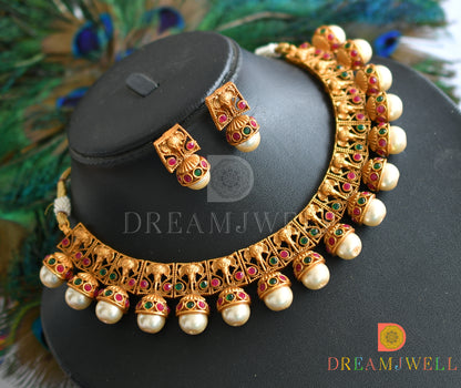 Matte finish pearl ruby-emerald Elephant necklace set dj-17506