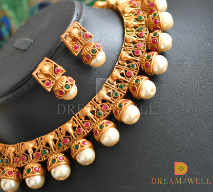 Matte finish pearl ruby-emerald Elephant necklace set dj-17506