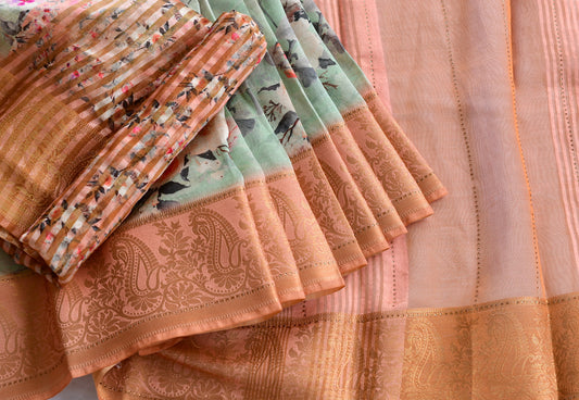 Mango-flower pink-grey-sea green Heavy Assam silk weaved saree with digital print saree dj-38832