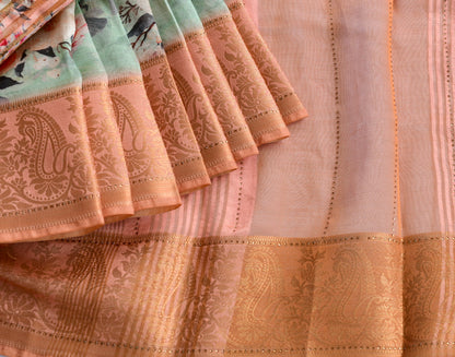 Mango-flower pink-grey-sea green Heavy Assam silk weaved saree with digital print saree dj-38832