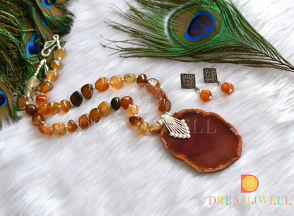 Silver tone sliced agate pendant with brown onyx beads necklace set dj-38011