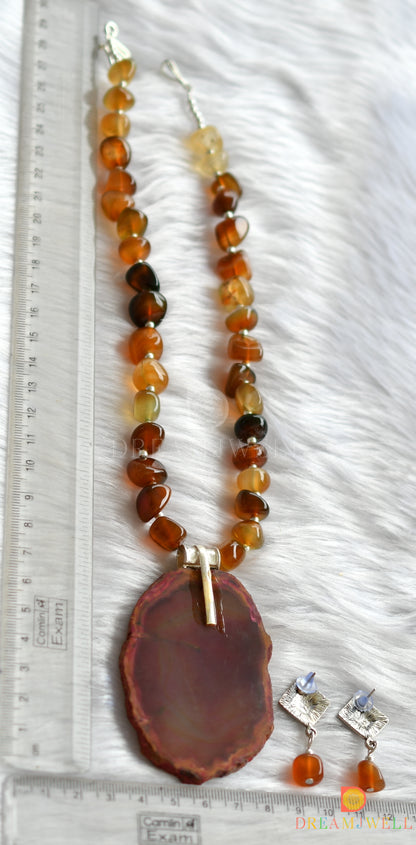 Silver tone sliced agate pendant with brown onyx beads necklace set dj-38011