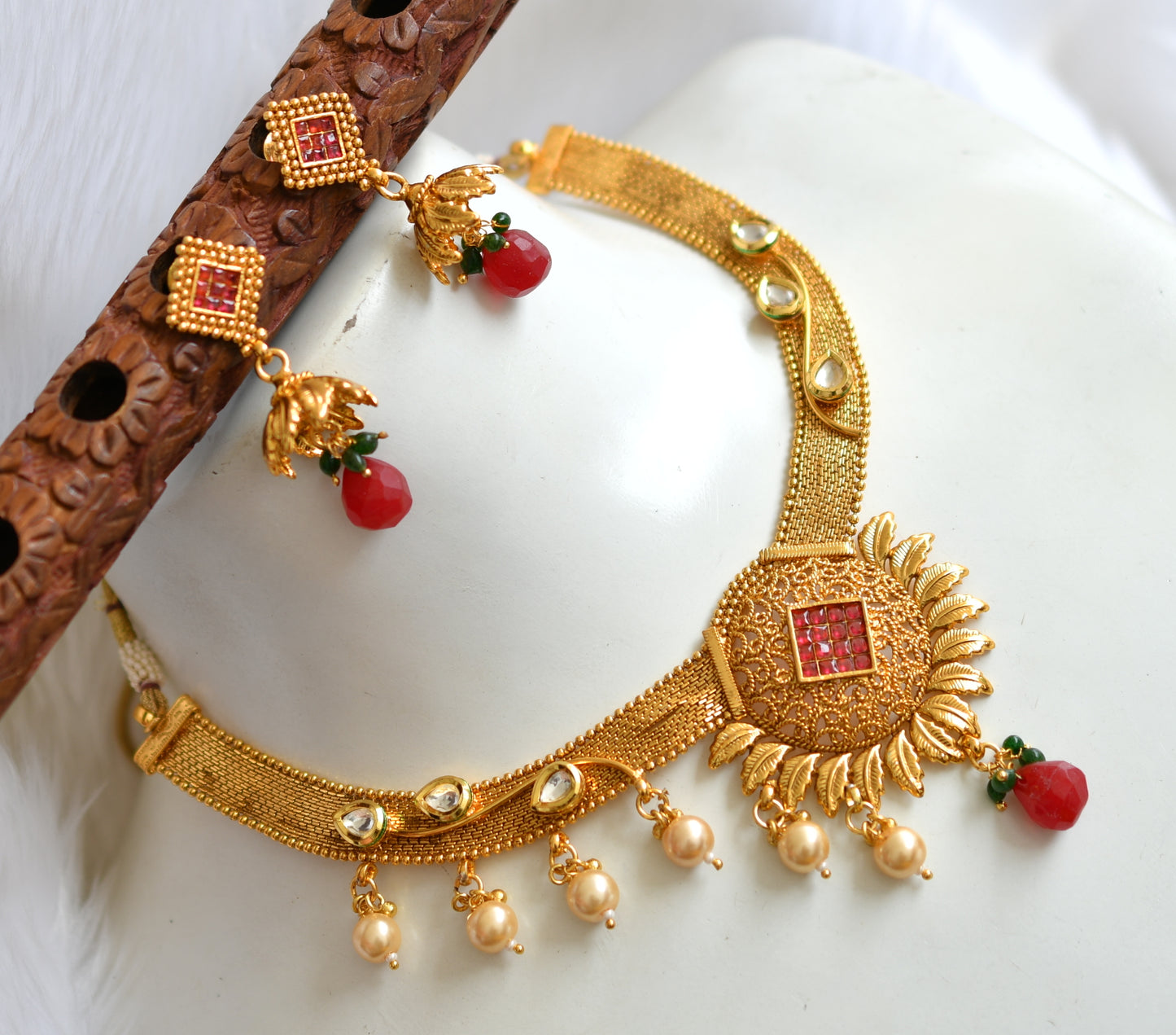 Antique gold tone white-Pink necklace set dj-02675