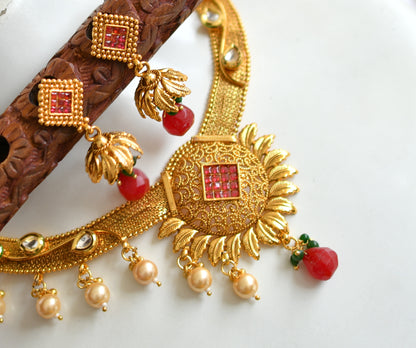 Antique gold tone Pink kundan necklace set dj-02675