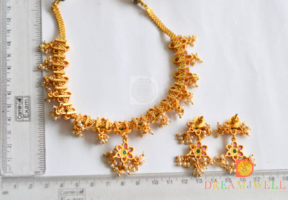 Matte finish ruby-emerald pearl flower necklace with screw back earrings  dj-10943