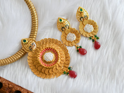 Antique gold tone pink-green peacock hasli necklace set dj-02674