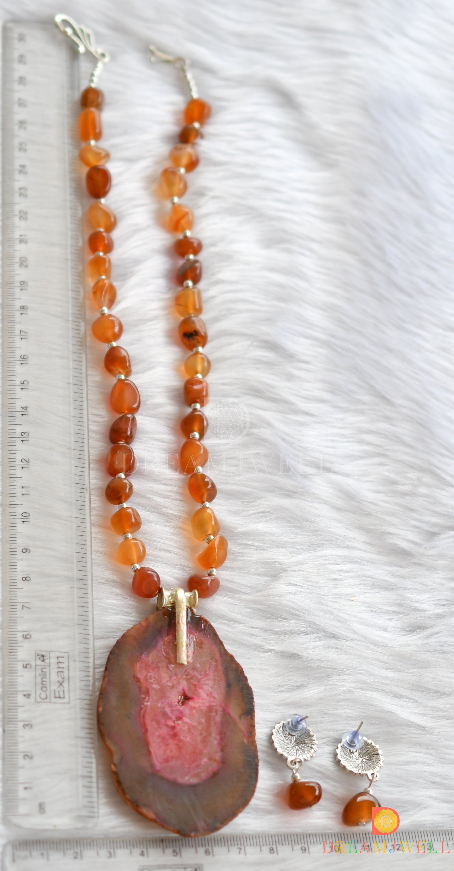 Silver tone sliced agate pendant with brown onyx beads necklace set dj-38015