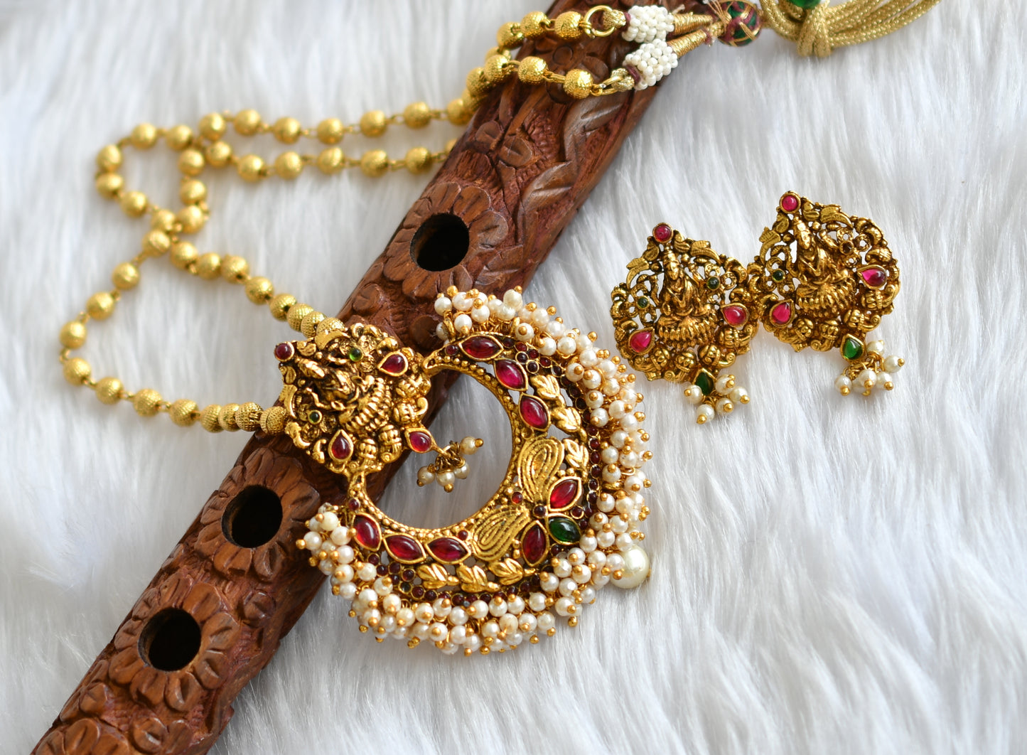 Antique gold pink-green Lakshmi pearl cluster necklace set dj-04986
