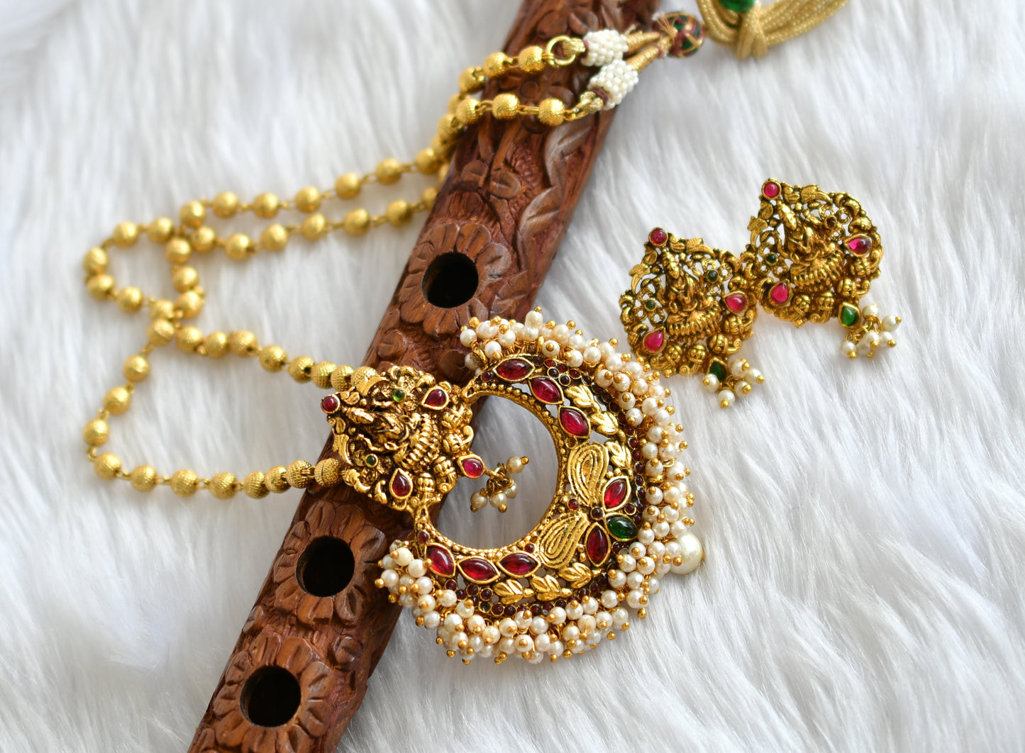 Antique gold pink-green Lakshmi pearl cluster necklace set dj-04986