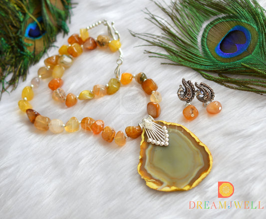 Silver tone sliced agate pendant with yellow-orange onyx beads necklace set dj-38017
