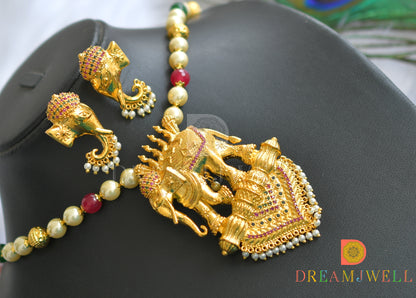 Gold finish pearl ruby-emerald Elephant necklace set dj-14277