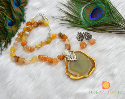 Silver tone sliced agate pendant with yellow-orange onyx beads necklace set dj-38017