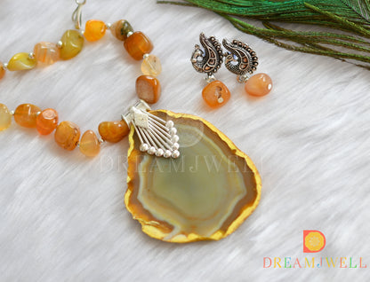 Silver tone sliced agate pendant with yellow-orange onyx beads necklace set dj-38017