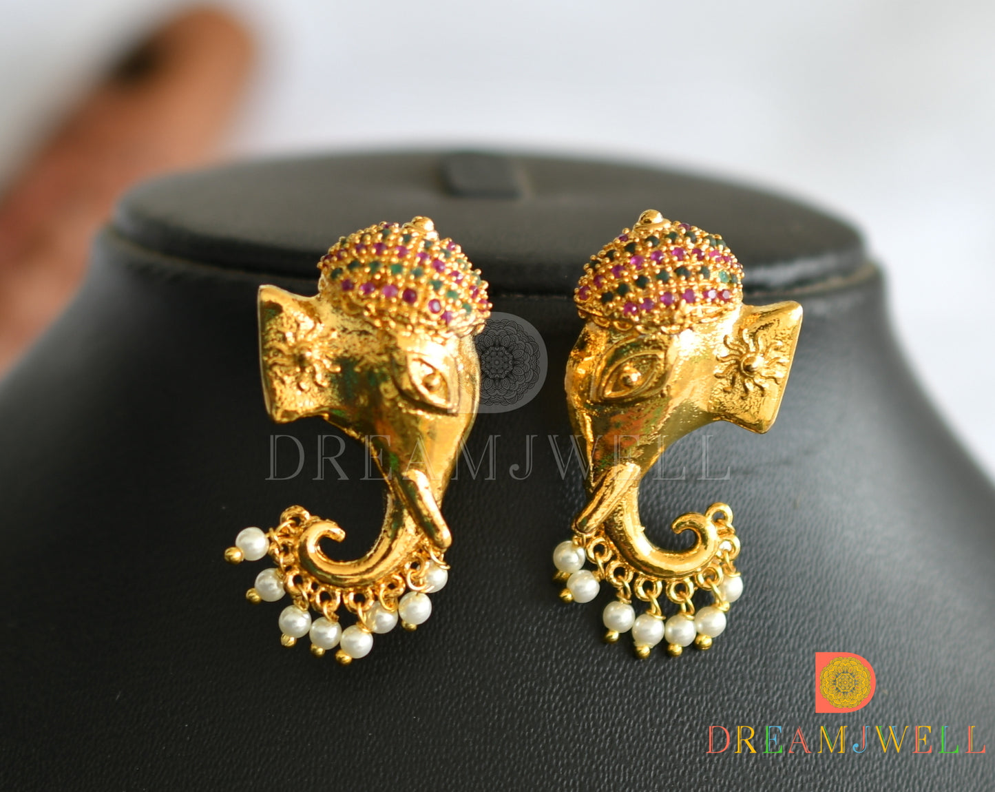 Gold finish pearl ruby-emerald Elephant necklace set dj-14277