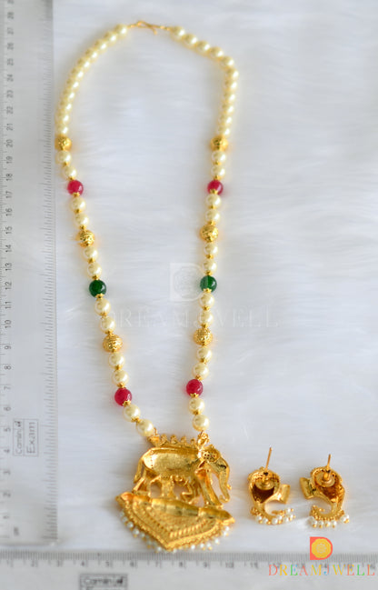 Gold finish pearl ruby-emerald Elephant necklace set dj-14277