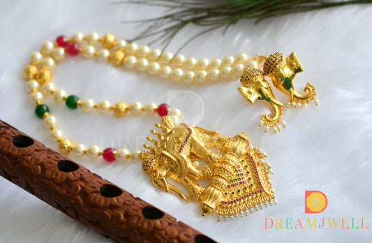 Gold finish pearl ruby-emerald Elephant necklace set dj-14277